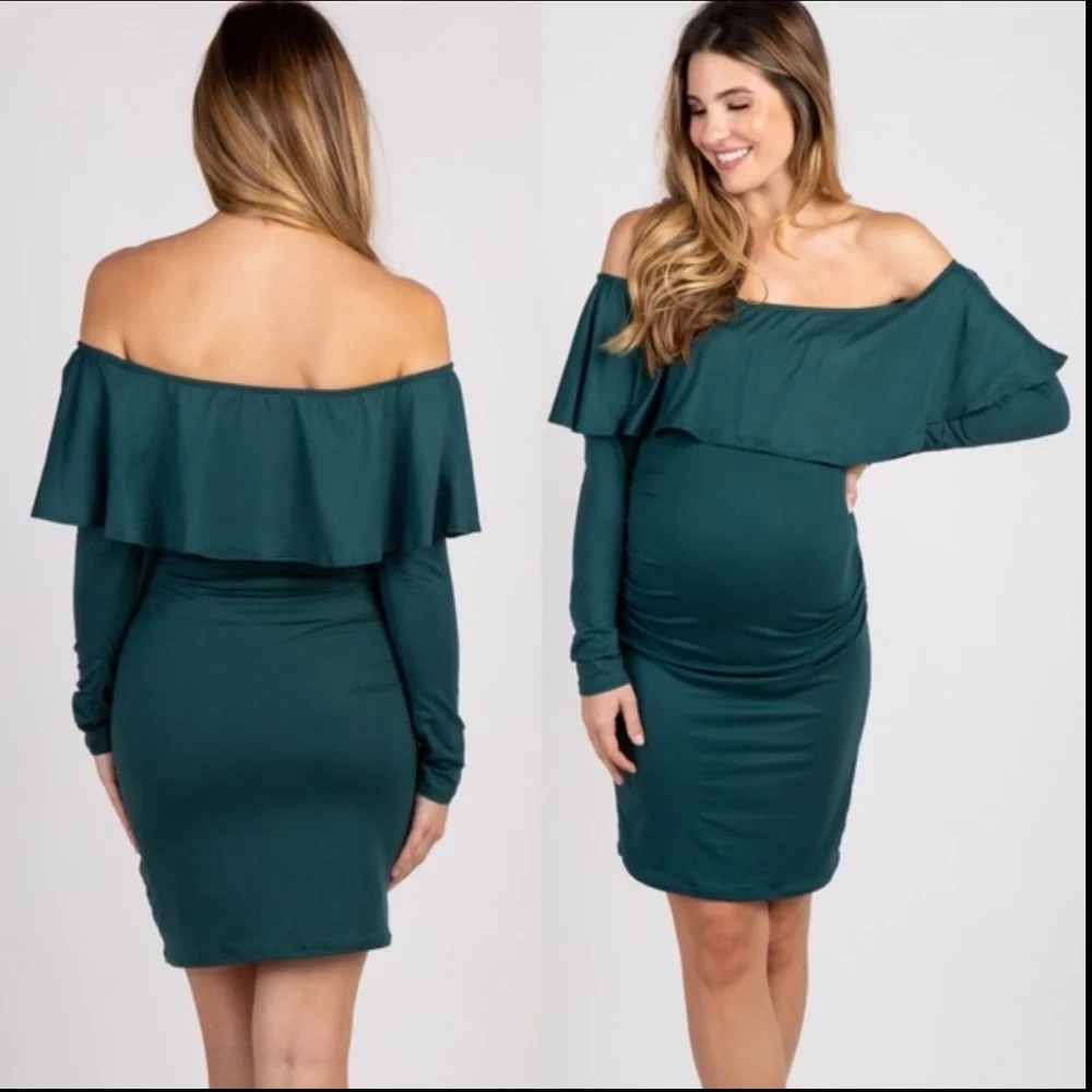 Pinkblush Emerald Green Ruffle Off The Shoulder Long Sleeve Maternity Mini Dress - Picture 2 of 10